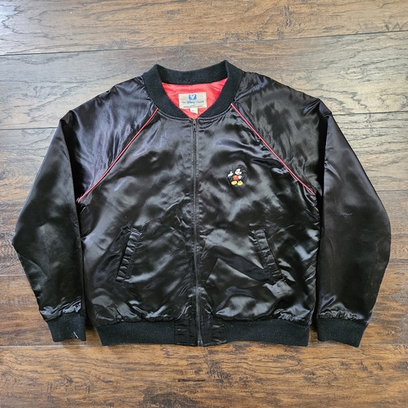 Vintage 80s Disney Channel Mickey Mouse Black Satin Bomber Jacket Size XL - Picture 1 of 6